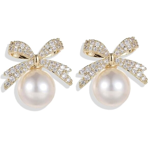 Elegant Pearl Bow Christmas Earrings for Women - Dangle Holiday Jewelry 2025 - Picture 1 of 6